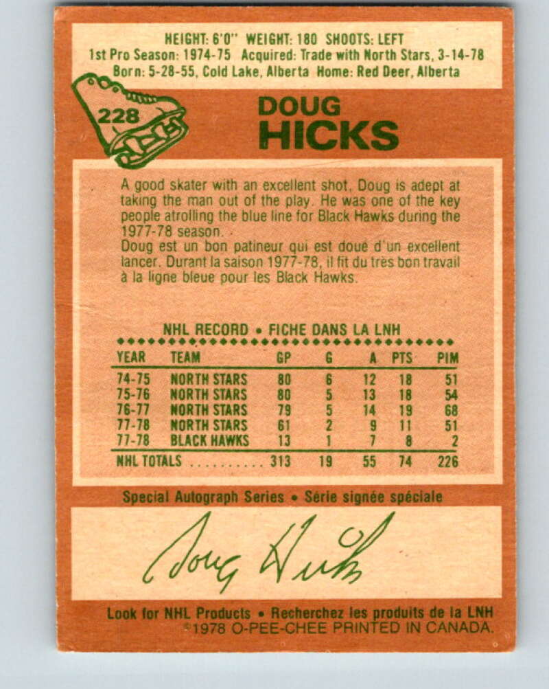 1978-79 O-Pee-Chee #228 Doug Hicks Chicago Blackhawks V24085