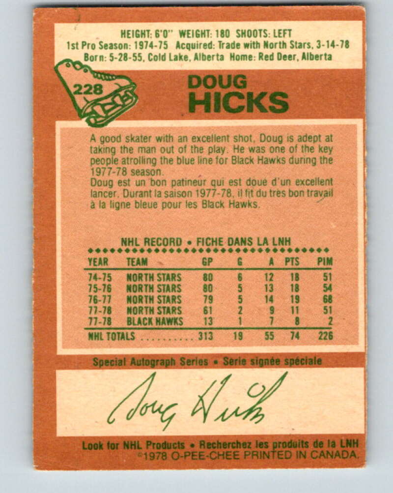 1978-79 O-Pee-Chee #228 Doug Hicks Chicago Blackhawks V24087