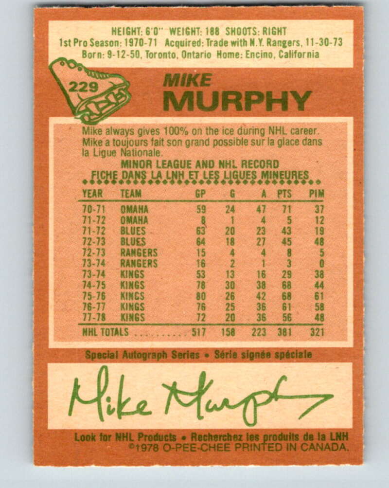 1978-79 O-Pee-Chee #229 Mike Murphy Los Angeles Kings V24092