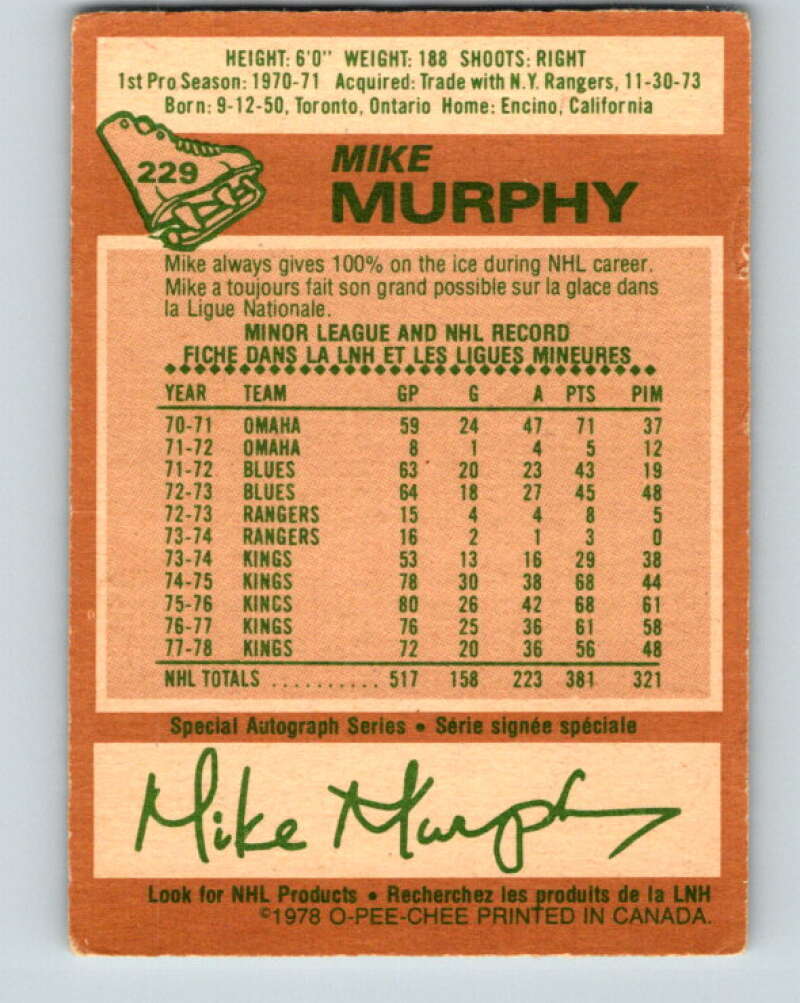 1978-79 O-Pee-Chee #229 Mike Murphy Los Angeles Kings V24099