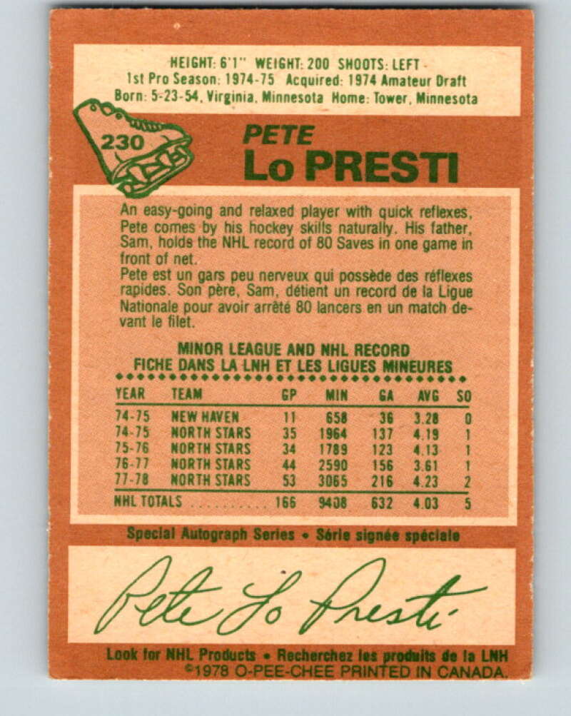 1978-79 O-Pee-Chee #230 Pete LoPresti Minnesota North Stars V24114