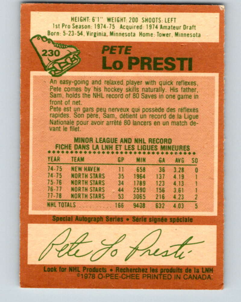 1978-79 O-Pee-Chee #230 Pete LoPresti Minnesota North Stars V24120