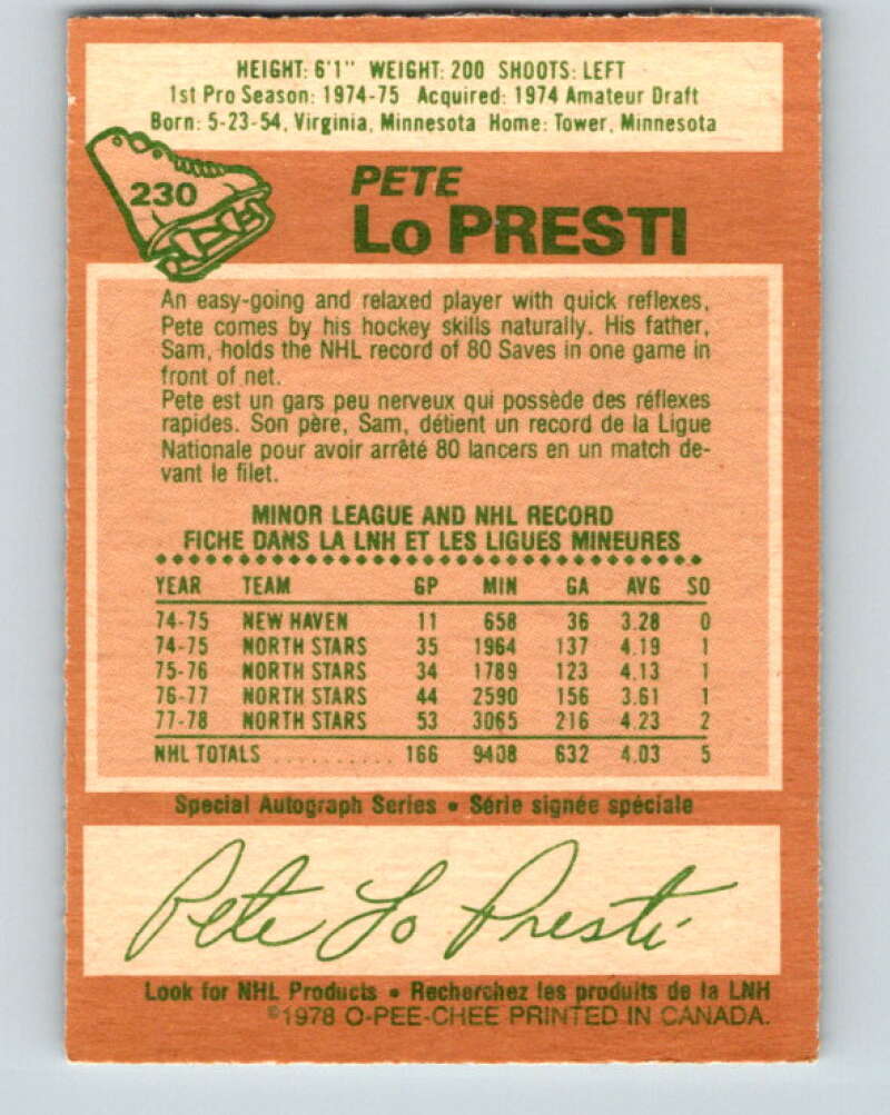 1978-79 O-Pee-Chee #230 Pete LoPresti Minnesota North Stars V24121