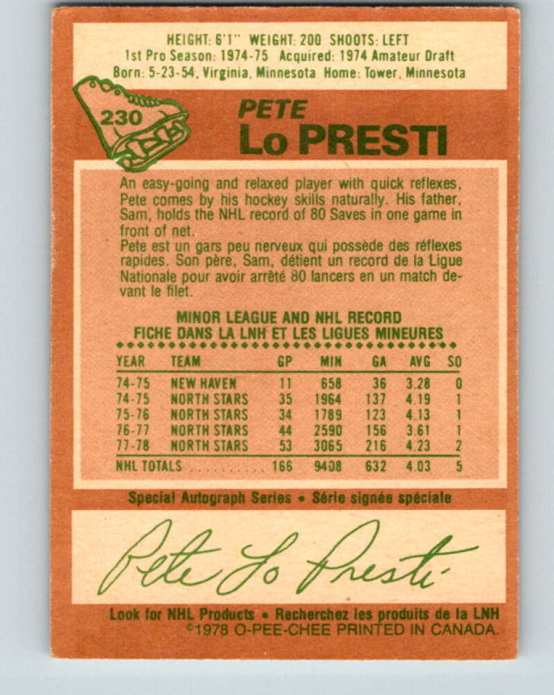 1978-79 O-Pee-Chee #230 Pete LoPresti Minnesota North Stars V24122