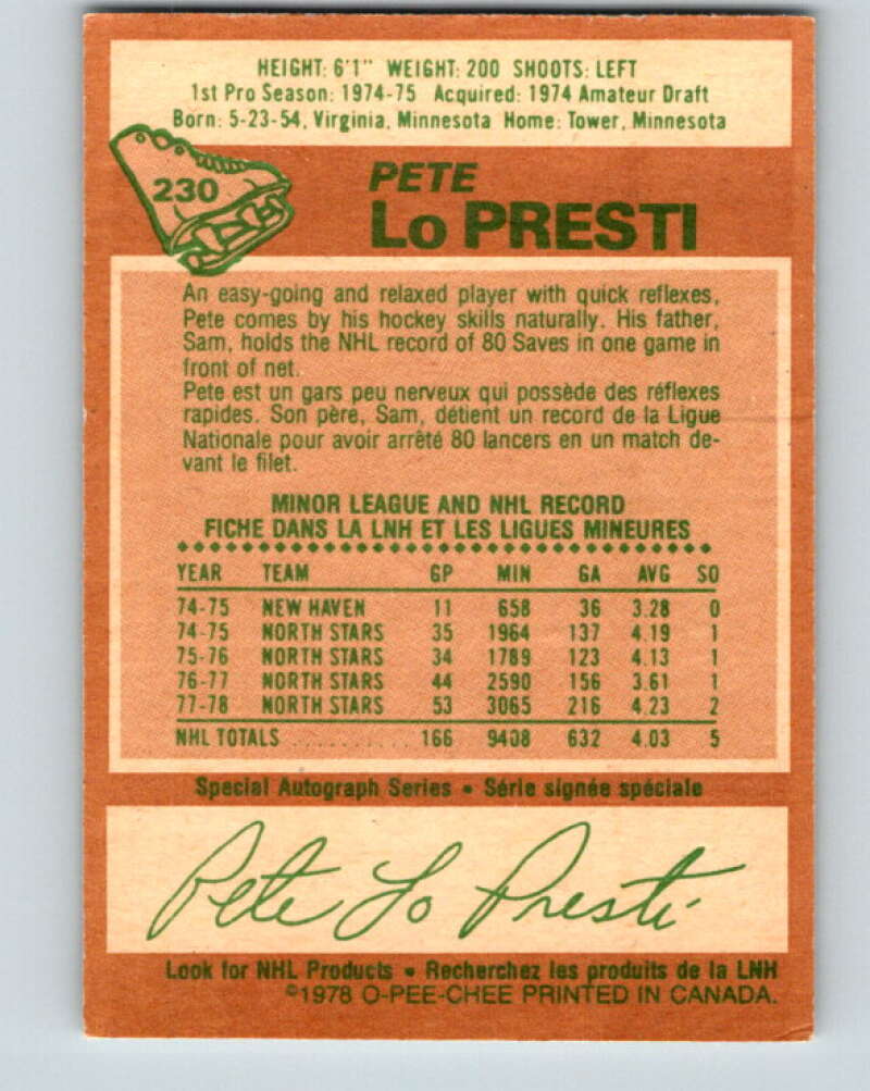 1978-79 O-Pee-Chee #230 Pete LoPresti Minnesota North Stars V24123