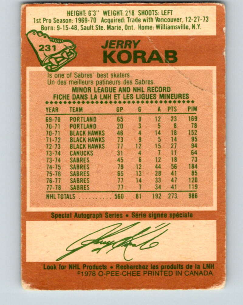 1978-79 O-Pee-Chee #231 Jerry Korab Buffalo Sabres V24126