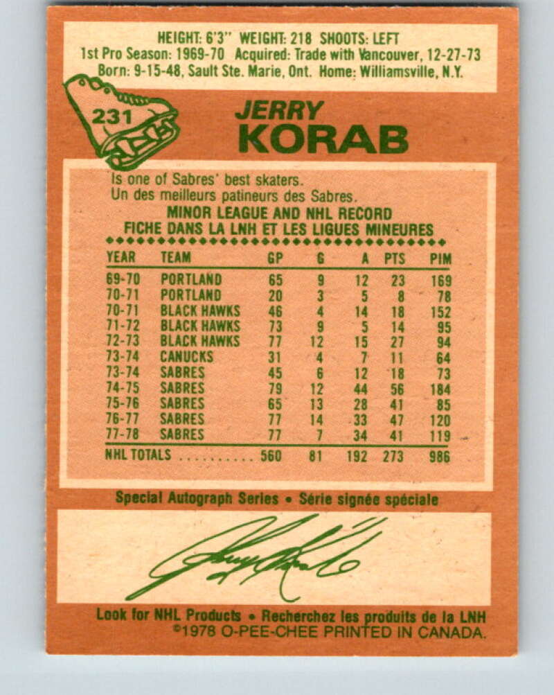 1978-79 O-Pee-Chee #231 Jerry Korab Buffalo Sabres V24129