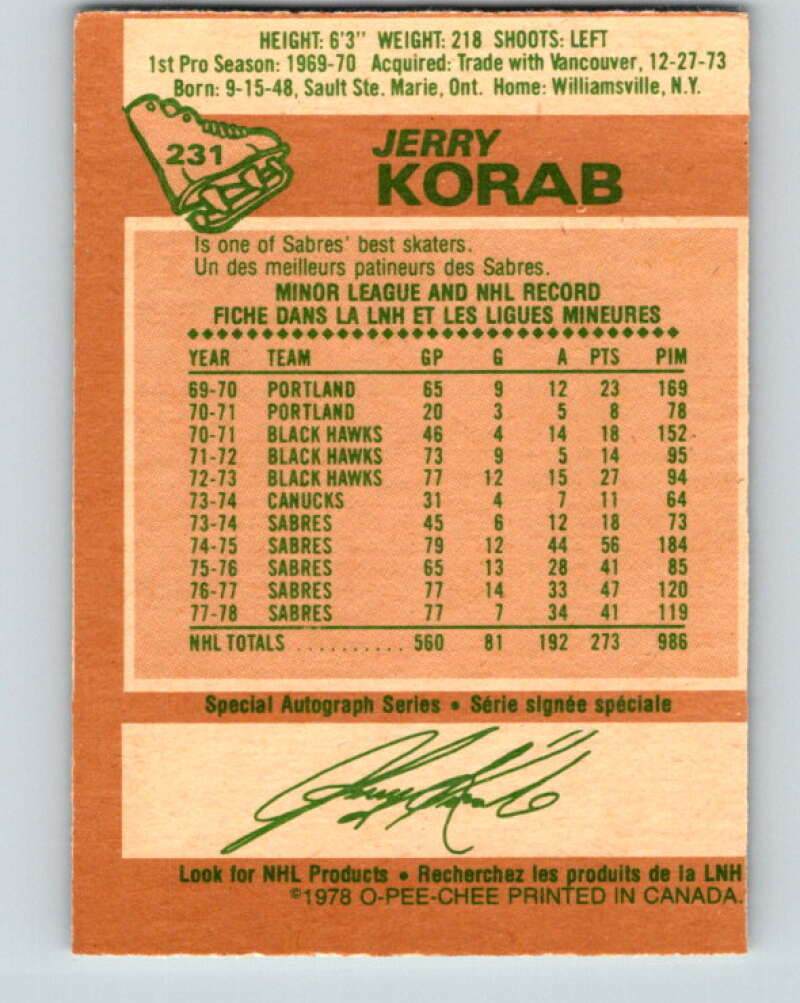 1978-79 O-Pee-Chee #231 Jerry Korab Buffalo Sabres V24130