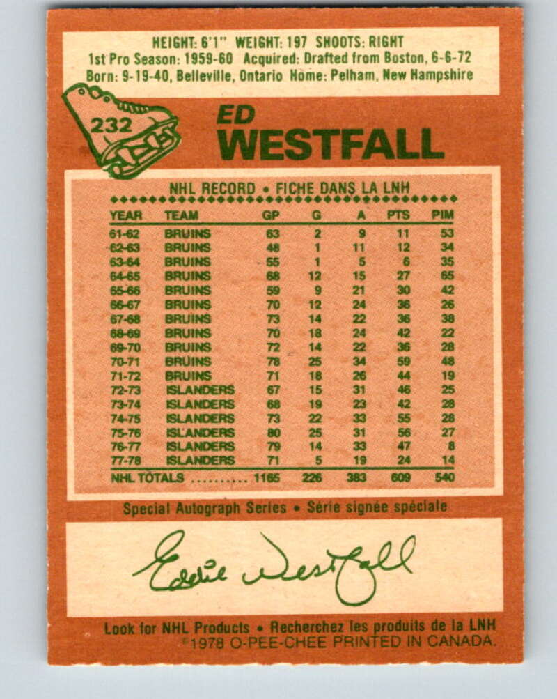 1978-79 O-Pee-Chee #232 Ed Westfall New York Islanders V24149