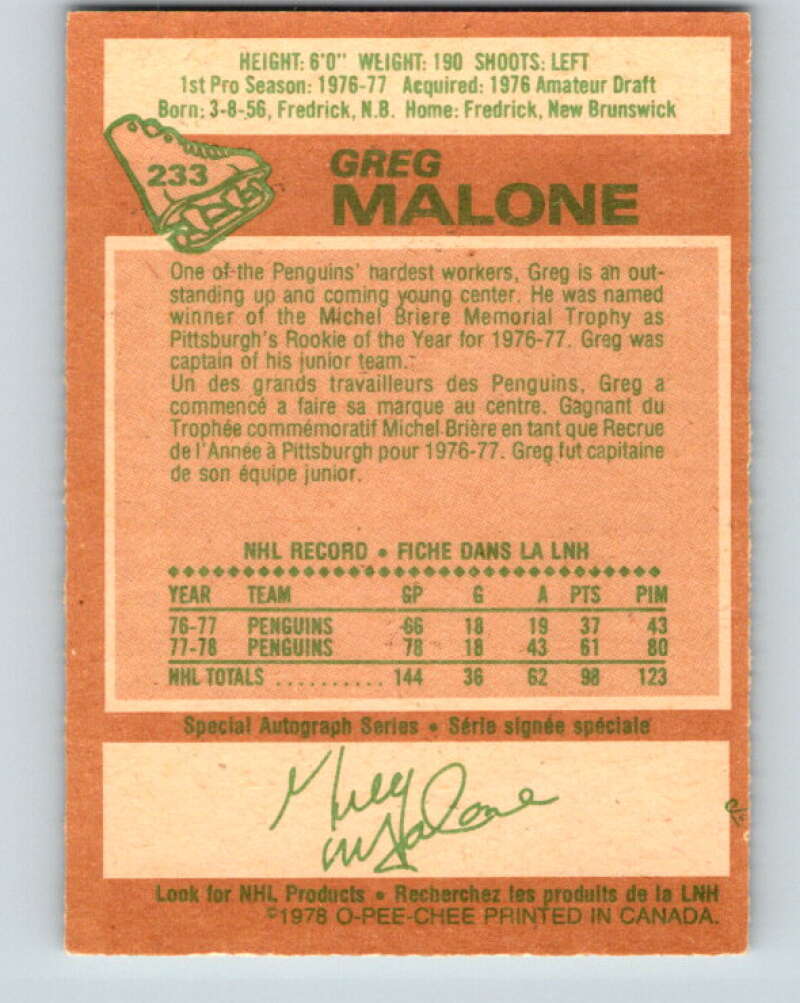1978-79 O-Pee-Chee #233 Greg Malone RC Rookie Penguins V24151