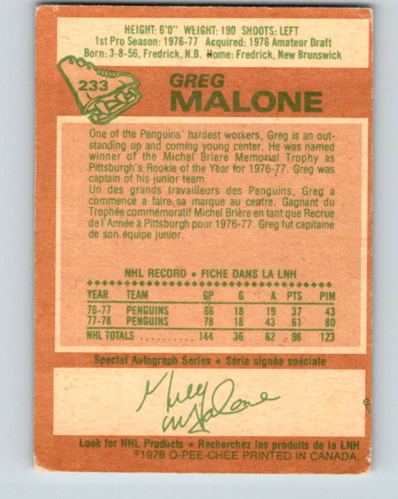 1978-79 O-Pee-Chee #233 Greg Malone RC Rookie Penguins V24153