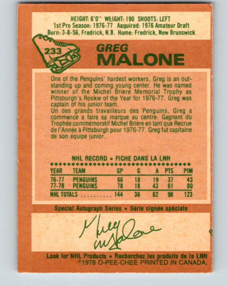 1978-79 O-Pee-Chee #233 Greg Malone RC Rookie Penguins V24154
