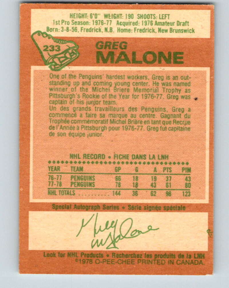 1978-79 O-Pee-Chee #233 Greg Malone RC Rookie Penguins V24158