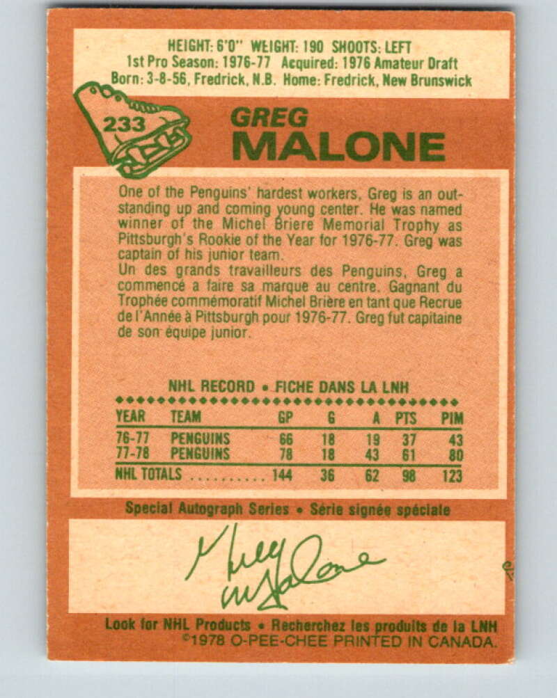 1978-79 O-Pee-Chee #233 Greg Malone RC Rookie Penguins V24162
