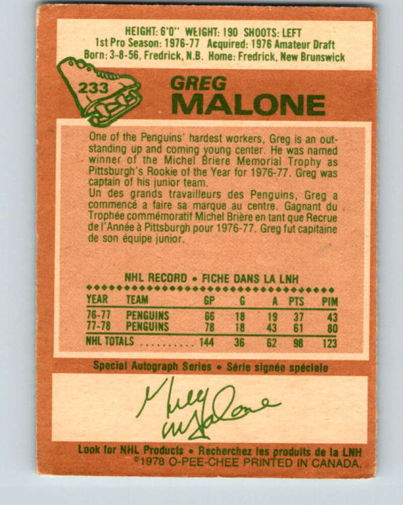 1978-79 O-Pee-Chee #233 Greg Malone RC Rookie Penguins V24163