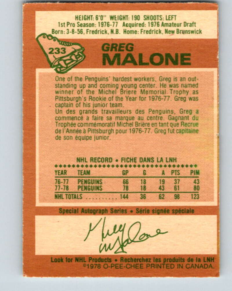 1978-79 O-Pee-Chee #233 Greg Malone RC Rookie Penguins V24164