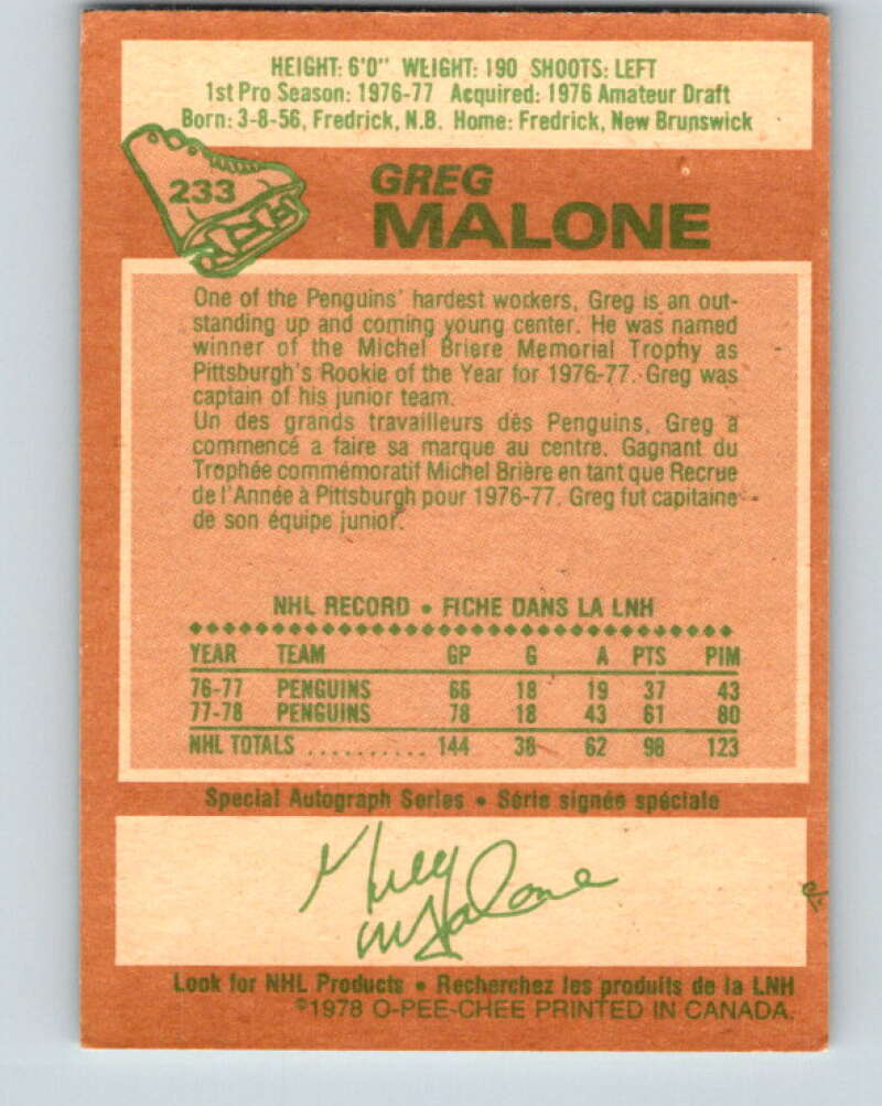 1978-79 O-Pee-Chee #233 Greg Malone RC Rookie Penguins V24166