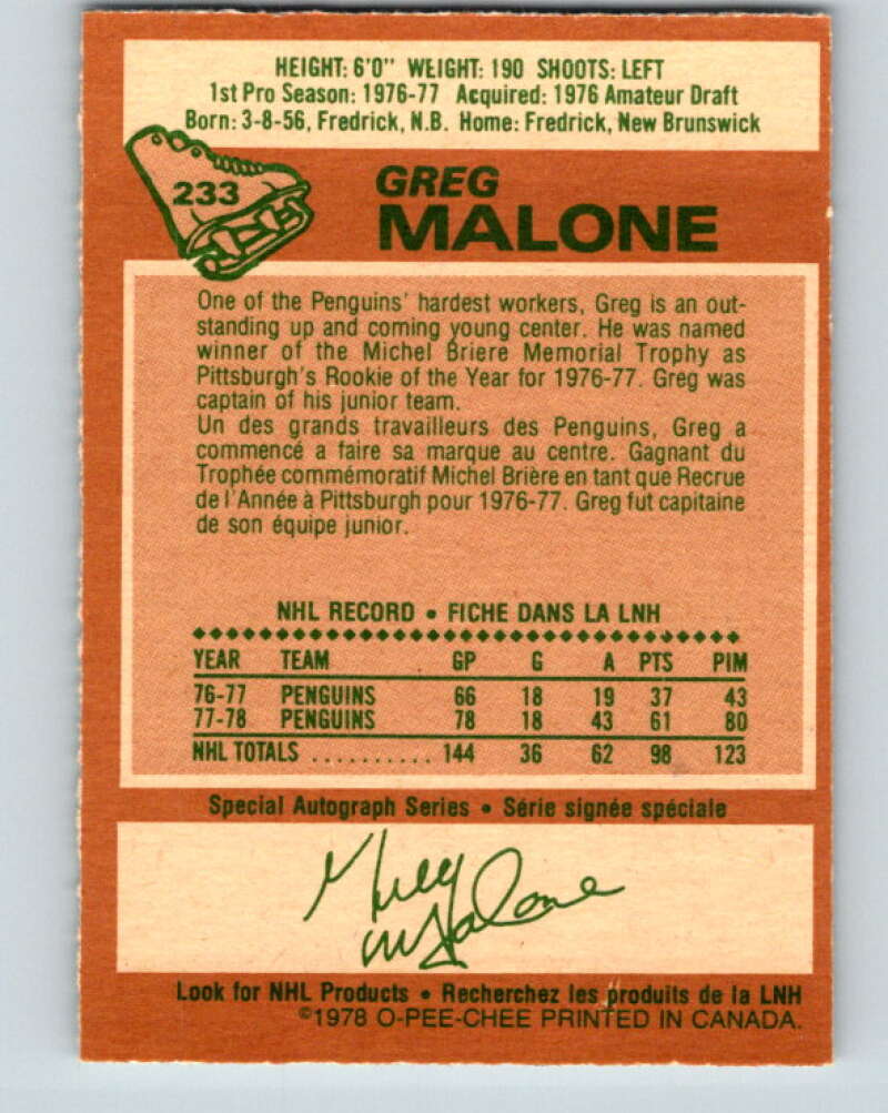 1978-79 O-Pee-Chee #233 Greg Malone RC Rookie Penguins V24167