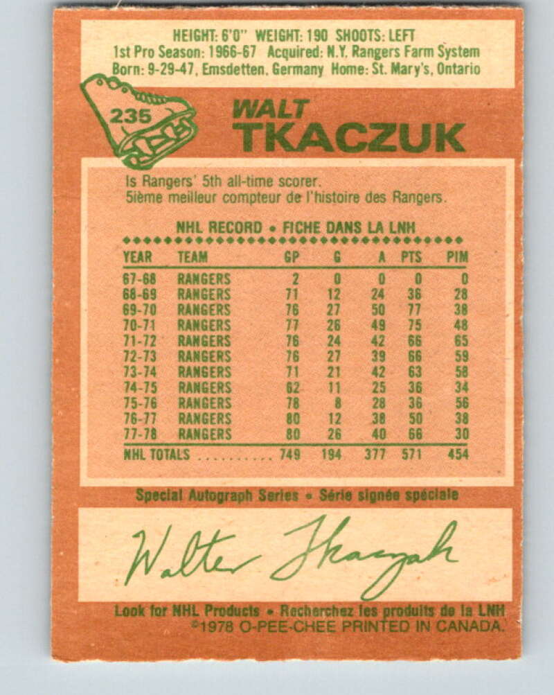 1978-79 O-Pee-Chee #235 Walt Tkaczuk New York Rangers V24184