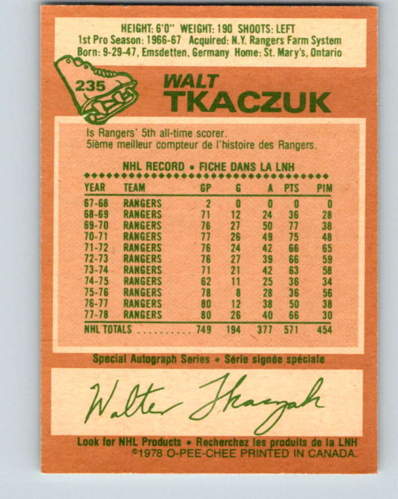 1978-79 O-Pee-Chee #235 Walt Tkaczuk New York Rangers V24188