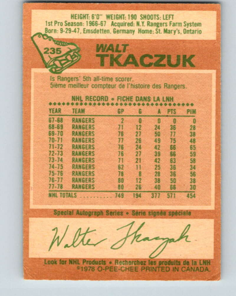 1978-79 O-Pee-Chee #235 Walt Tkaczuk New York Rangers V24194