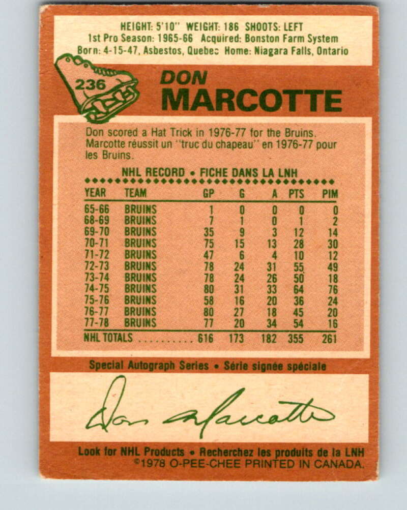 1978-79 O-Pee-Chee #236 Don Marcotte Boston Bruins V24196