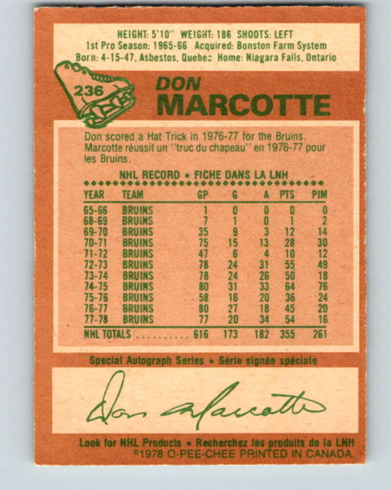 1978-79 O-Pee-Chee #236 Don Marcotte Boston Bruins V24200