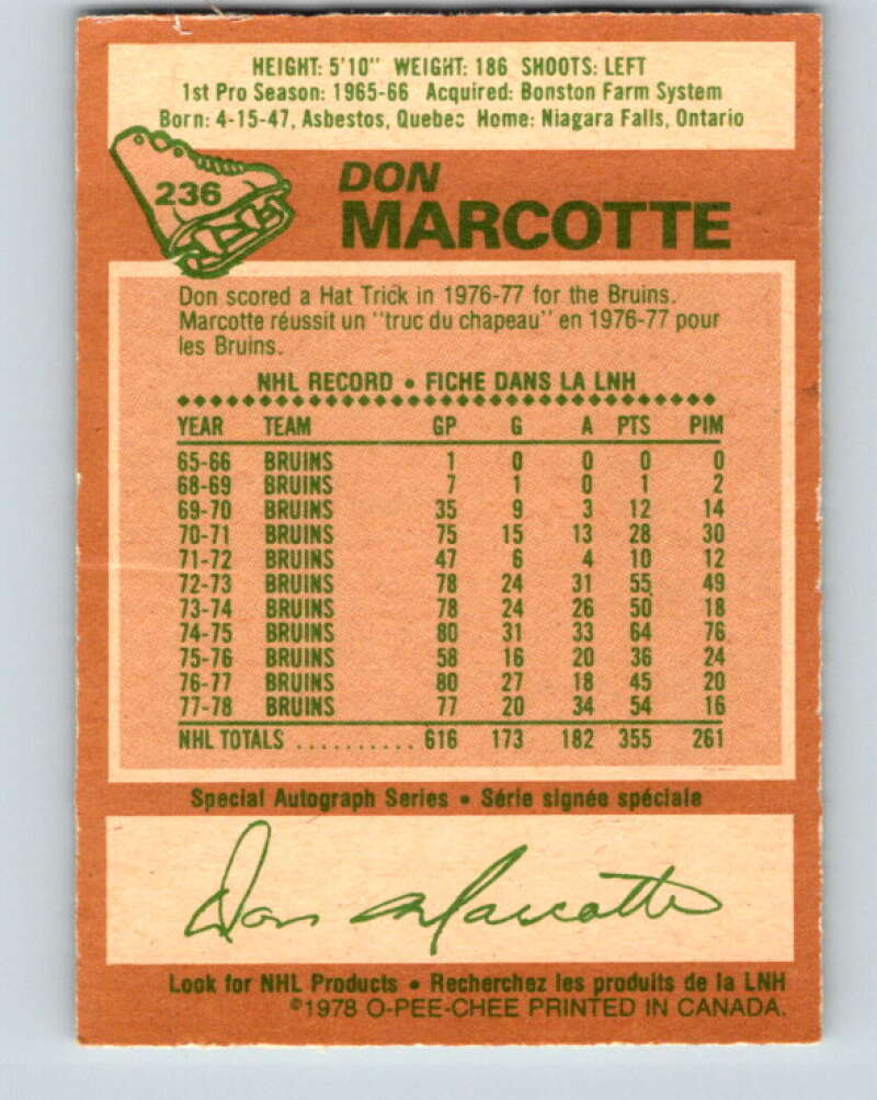 1978-79 O-Pee-Chee #236 Don Marcotte Boston Bruins V24204