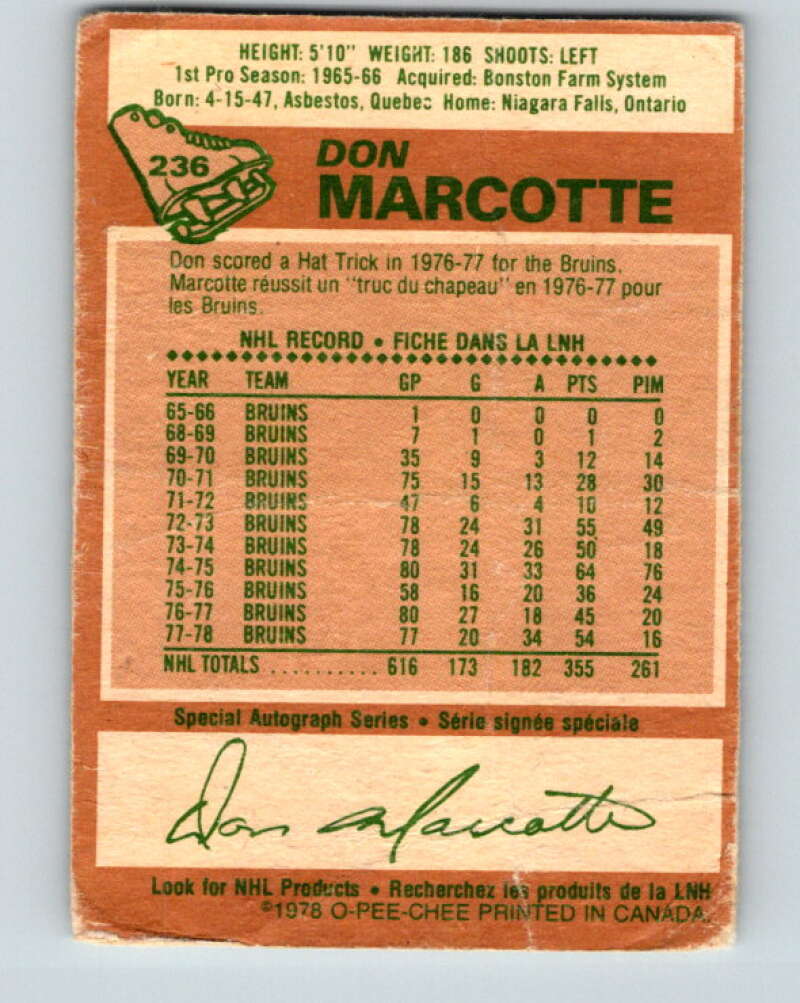 1978-79 O-Pee-Chee #236 Don Marcotte Boston Bruins V24206