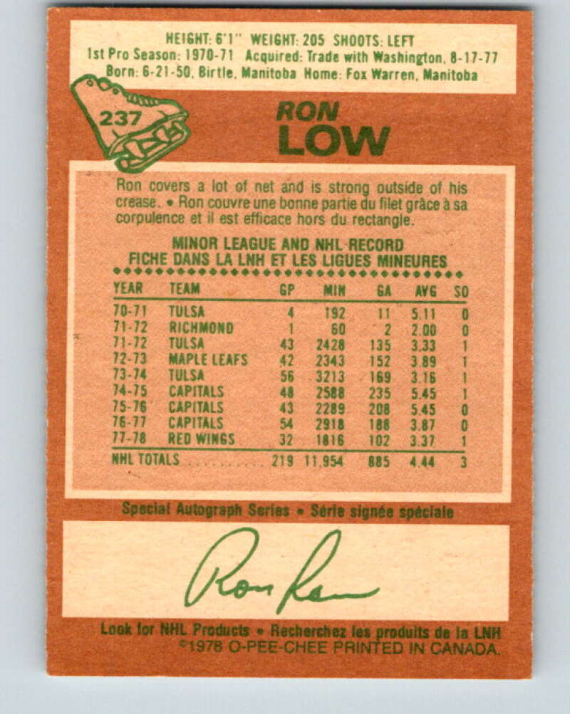 1978-79 O-Pee-Chee #237 Ron Low Detroit Red Wings V24207