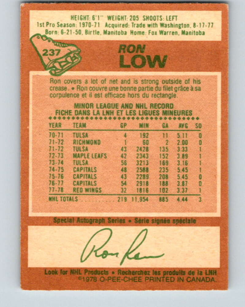 1978-79 O-Pee-Chee #237 Ron Low Detroit Red Wings V24208