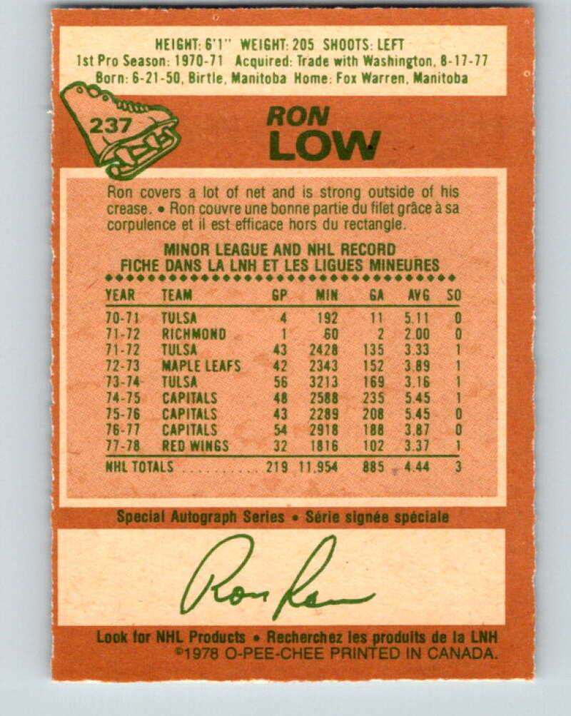 1978-79 O-Pee-Chee #237 Ron Low Detroit Red Wings V24209