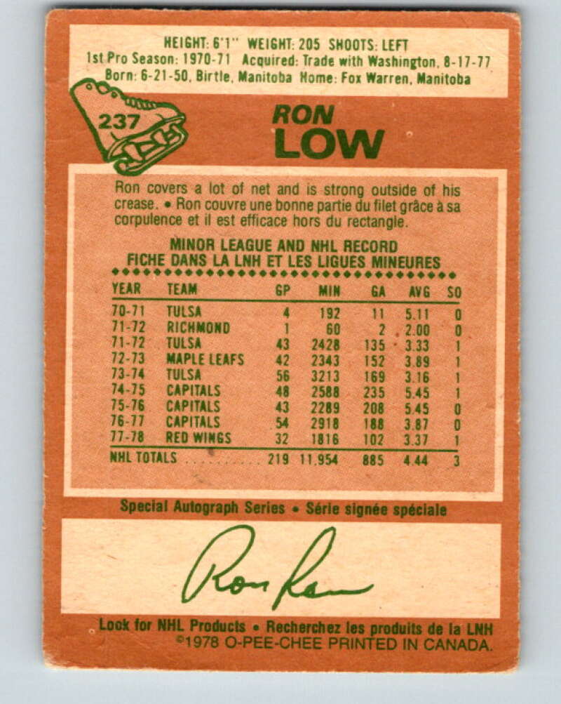 1978-79 O-Pee-Chee #237 Ron Low Detroit Red Wings V24210