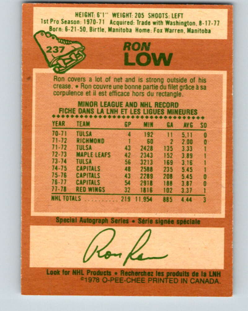 1978-79 O-Pee-Chee #237 Ron Low Detroit Red Wings V24214