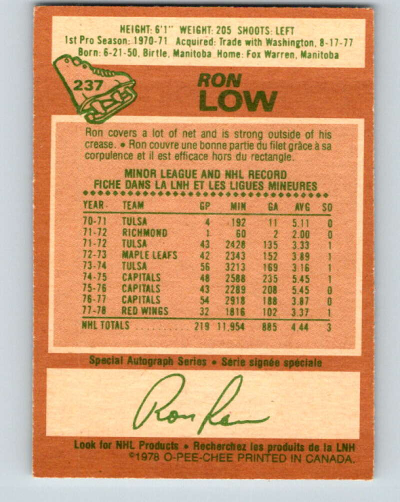 1978-79 O-Pee-Chee #237 Ron Low Detroit Red Wings V24215