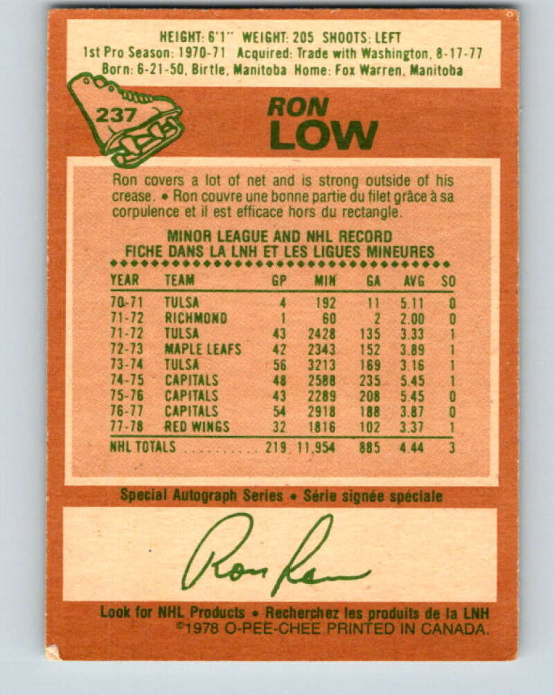 1978-79 O-Pee-Chee #237 Ron Low Detroit Red Wings V24218