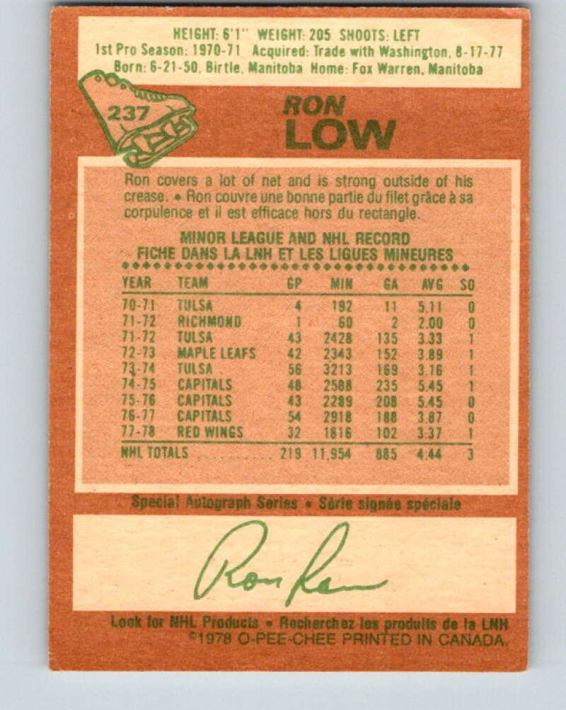 1978-79 O-Pee-Chee #237 Ron Low Detroit Red Wings V24221