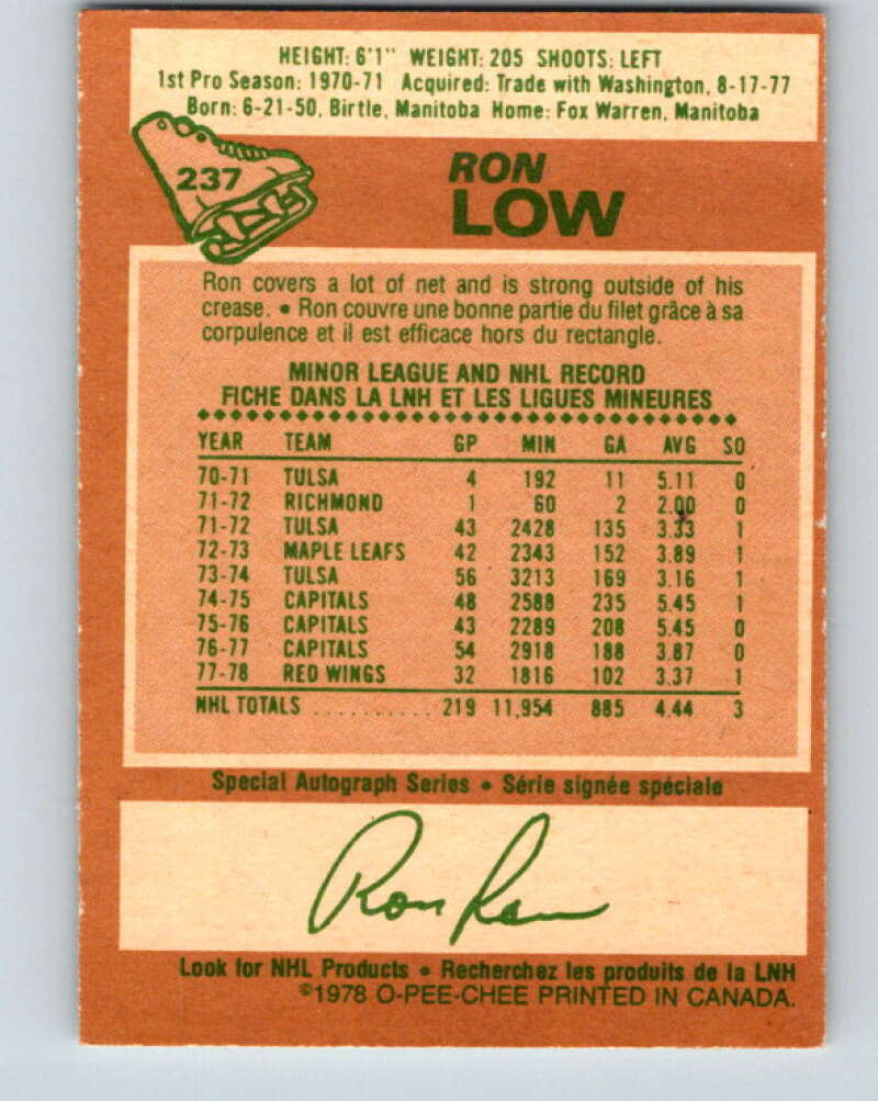 1978-79 O-Pee-Chee #237 Ron Low Detroit Red Wings V24222