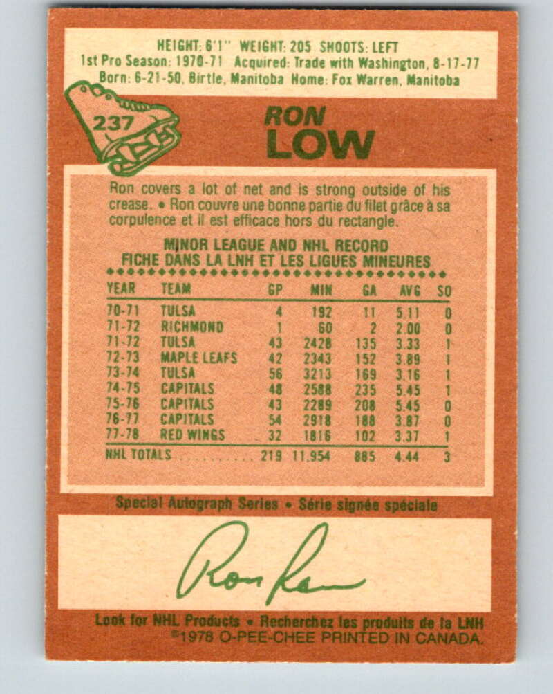 1978-79 O-Pee-Chee #237 Ron Low Detroit Red Wings V24223