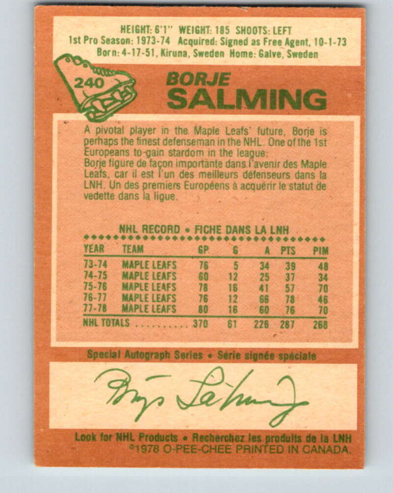 1978-79 O-Pee-Chee #240 Borje Salming AS Toronto Maple Leafs V24249