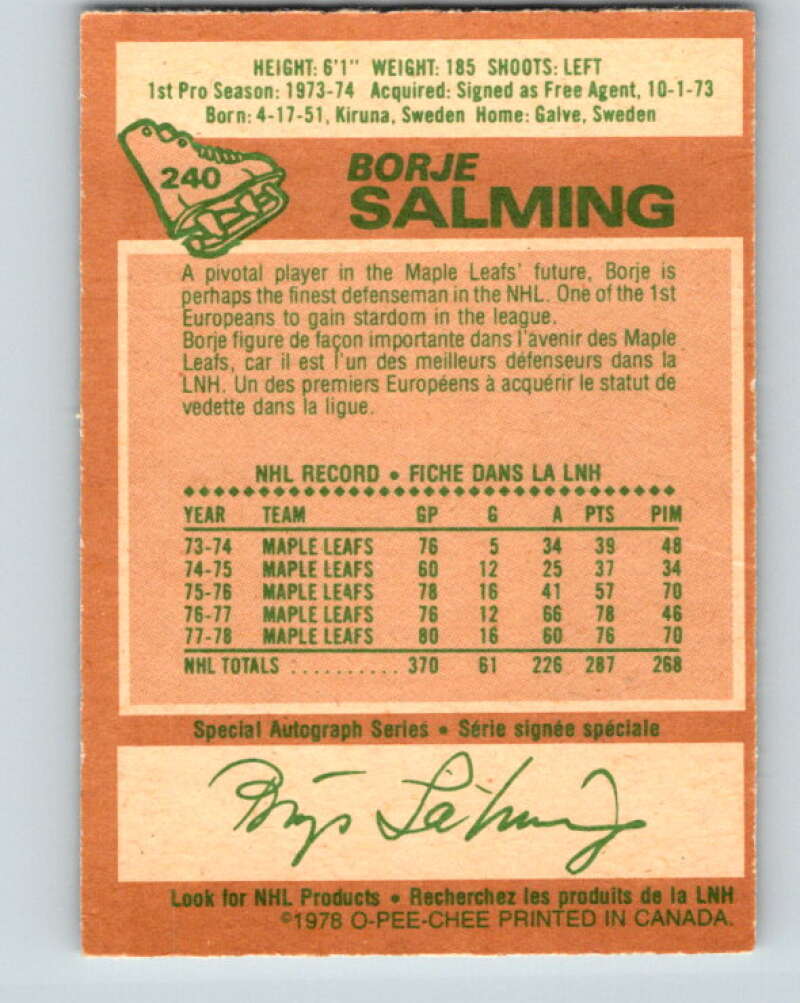 1978-79 O-Pee-Chee #240 Borje Salming AS Toronto Maple Leafs V24252