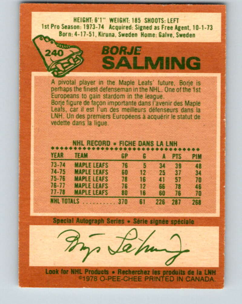 1978-79 O-Pee-Chee #240 Borje Salming AS Toronto Maple Leafs V24254