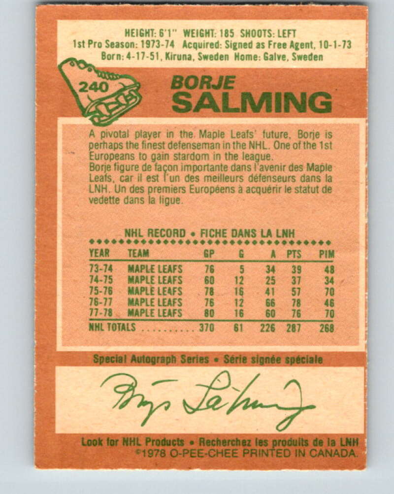 1978-79 O-Pee-Chee #240 Borje Salming AS Toronto Maple Leafs V24255