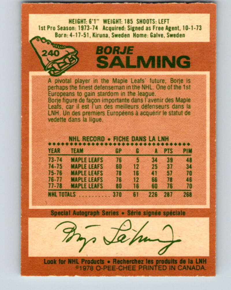1978-79 O-Pee-Chee #240 Borje Salming AS Toronto Maple Leafs V24257