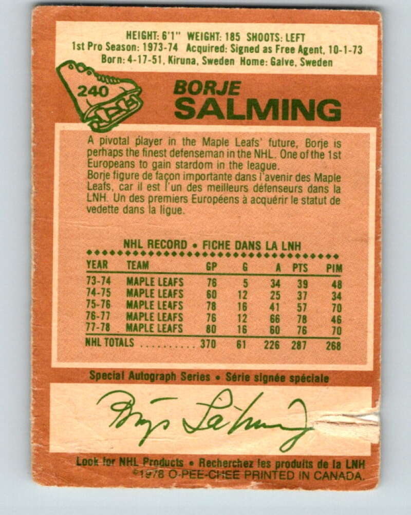 1978-79 O-Pee-Chee #240 Borje Salming AS Toronto Maple Leafs V24258