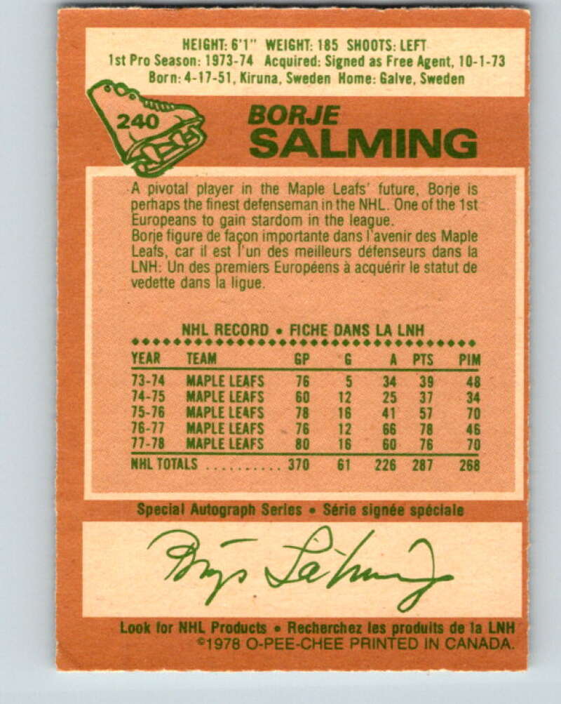 1978-79 O-Pee-Chee #240 Borje Salming AS Toronto Maple Leafs V24262