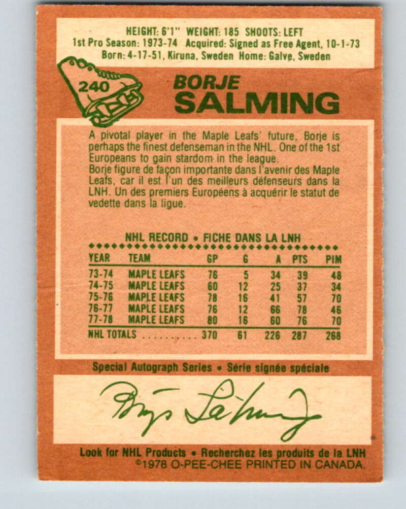 1978-79 O-Pee-Chee #240 Borje Salming AS Toronto Maple Leafs V24263