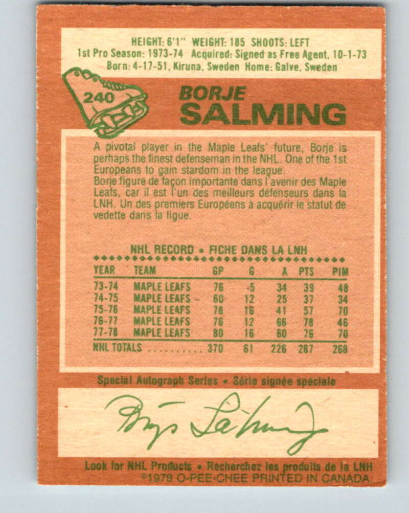1978-79 O-Pee-Chee #240 Borje Salming AS Toronto Maple Leafs V24264