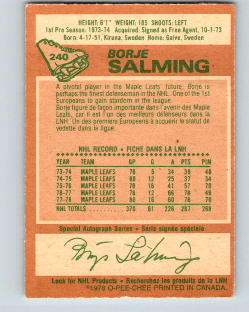 1978-79 O-Pee-Chee #240 Borje Salming AS Toronto Maple Leafs V24265