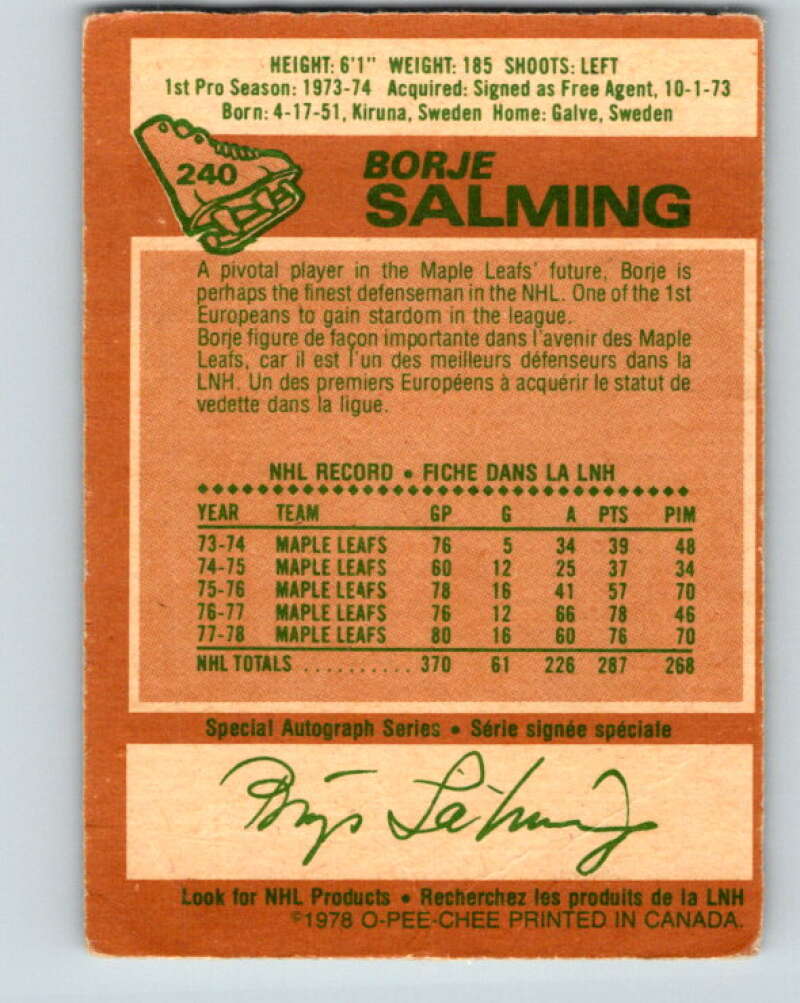 1978-79 O-Pee-Chee #240 Borje Salming AS Toronto Maple Leafs V24268
